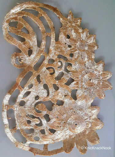 Antique Gold / Bronze Tone Crochet Thread Fabric Applique, Flower Applique - 200317A84